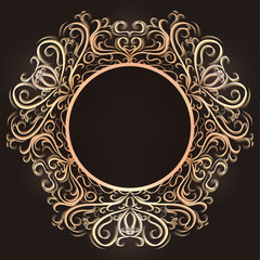 Gold vintage round frame with tracery. The object is separate from the background. Vector template for invitations, logos, postcards and your design