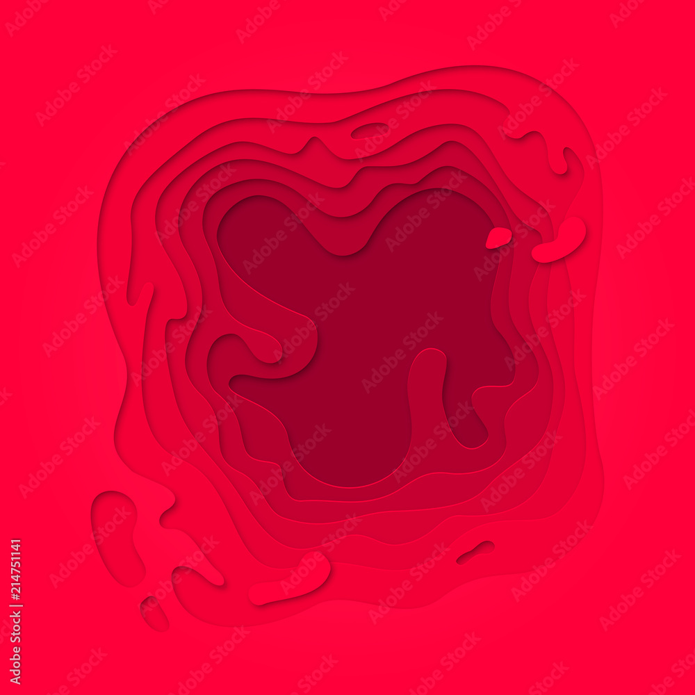 Poster Red Papercut geometric purple red pattern. Vector pink color gradient background with topography multi layers texture