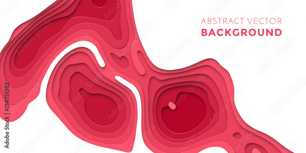 Poster Papercut geometric topography pattern on red 3D multi layer white background with geometric pink red liquid gradient