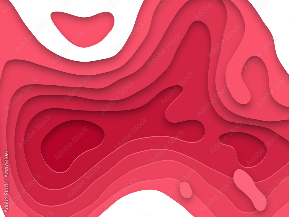 Poster Papercut geometric purple red pattern. Vector pink color gradient background with topography multi layers texture