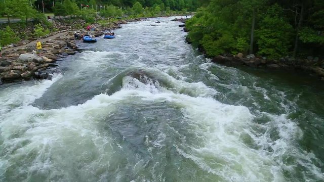 Starting downstream for whitewater rafting.