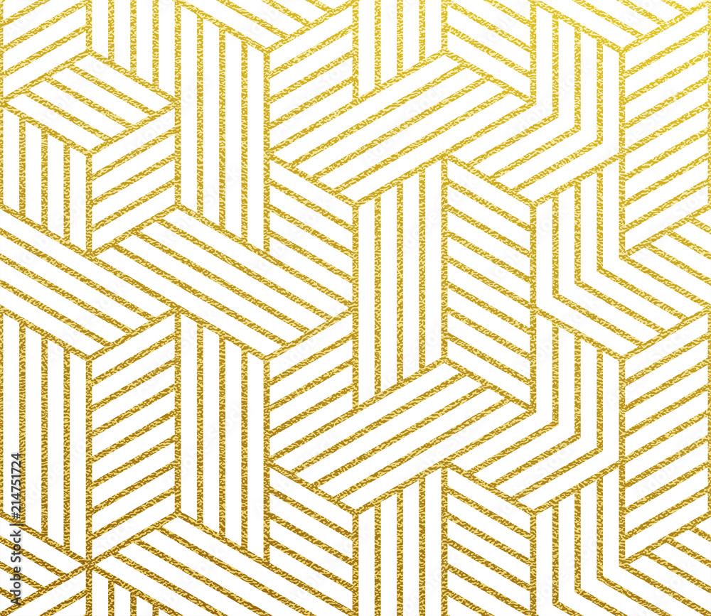 Aufkleber Geometric golden 3D cubes polygon of lines mesh pattern. Vector abstract gold foil background of seamless glittery mosaic grid pattern