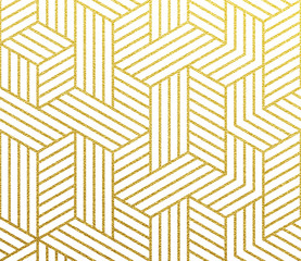 Geometrisches goldenes 3D-Würfelpolygon des Linienmaschenmusters. Vektor abstrakter Goldfolienhintergrund des nahtlosen glitzernden Mosaikgittermusters
