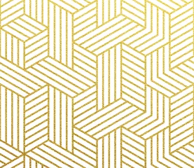 Wallpaper murals Gold abstract geometric Geometric golden 3D cubes polygon of lines mesh pattern. Vector abstract gold foil background of seamless glittery mosaic grid pattern