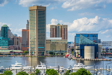 View of the Inner Harbor from Federal Hill Park in Baltimore, Maryland - obrazy, fototapety, plakaty