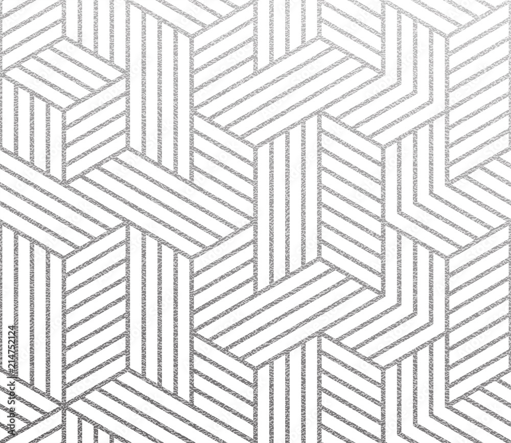 Fototapete Geometric background with abstract linear 3D cubes pattern. Vector silver foil texture with linear glittery pattern on white
