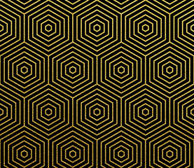 Fototapeta premium Abstract golden geometric pattern vector background of seamless gold glitter hexagon mosaic grid of honeycomb wireframe pattern