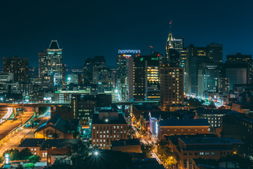 View of the downtown Baltimore skyline at night, in Baltimore, Maryland