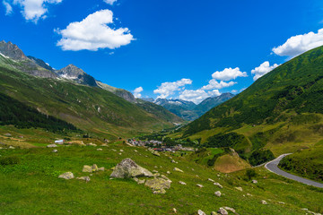 Fototapeta na wymiar Dolomites Apls, Switzerland panorama. Dolomites Alps landscape, green valley 