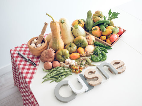 Set of vegetables with cuisine inscription