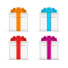Blank Gift Boxes with Multicolored Ribbons. Vector Design Elements Set for You Design
