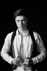 Black White photo of a beautiful man. Business suit. macho.Style.