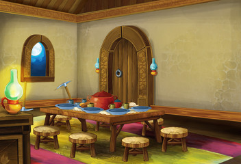 cartoon scene with medieval kitchen room - interior for different usage - illustration for children