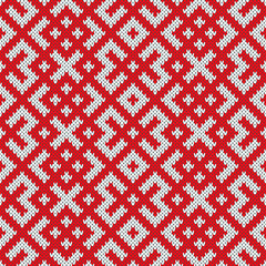 Seamless Knitting Pattern.Based on traditional Russian ornament.Red and white.Wool Knit Texture Imitation.