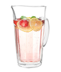 Tasty lemonade with strawberry in glass jug on white background