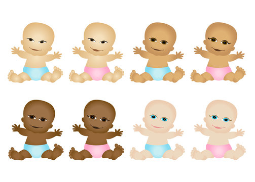 Newborn boy and girl baby set - Caucasian, Asian, African and Latino / Hispanic babies