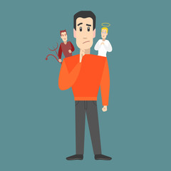 Cartoon Character Man with Angel and Devil on Shoulders. Vector