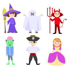Cartoon Halloween Kids Costumes Set. Vector
