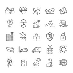 Insurance Elements Black Thin Line Icon Set. Vector