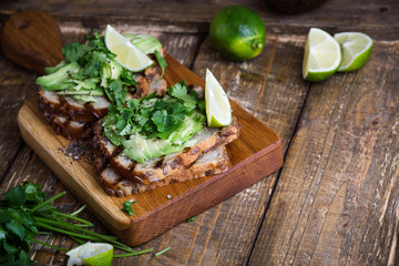 Fresh avocado toasts with cilantro, Mexican style healthy snack