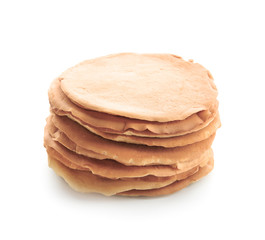 Tasty pancakes on white background