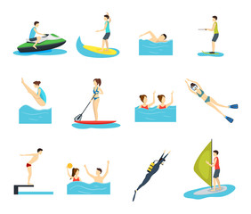 Cartoon Water Sport and Characters People Set. Vector