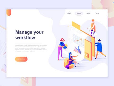 Landing page template of business and workflow management. 3D isometric concept of web page design for website and mobile website. Vector illustration.