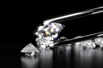 Diamond in tweezers on a dark background with diamonds group soft focusing 3d rendering.