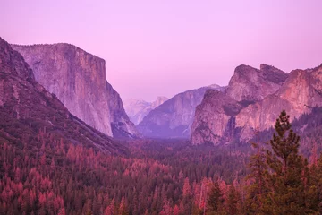 Fototapete Rund Magenta sunset in Yosemite National Park. El Capitan and Half Dome Tunnel View overlook in a pink sunset, golden hour. Summer american holidays. California, United States. © bennymarty