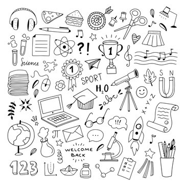 School hand drawn illustrations vector set. Outline school and science objects