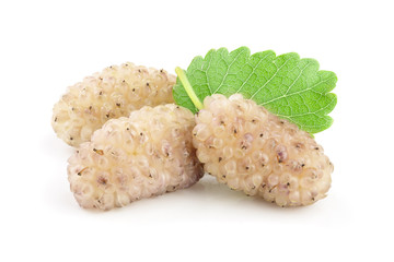 Fresh ripe white Mulberry berry with leaf isolated on white background macro