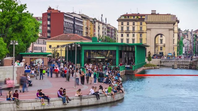 day light milan city famous canal crowded bay panorama 4k timelapse italy
