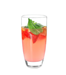 Glass of tasty strawberry lemonade on white background