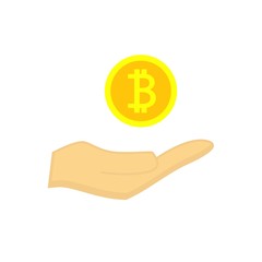 Flat icon hand with bitcoin isolated on white background. Vector illustration.