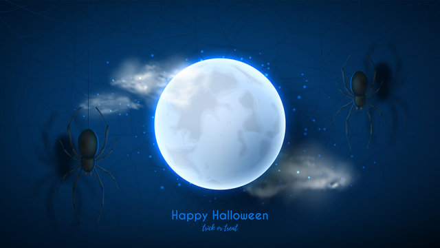 Halloween night background with spiders. Vector illustration with realistic full moon on dark blue background with spider web pattern.