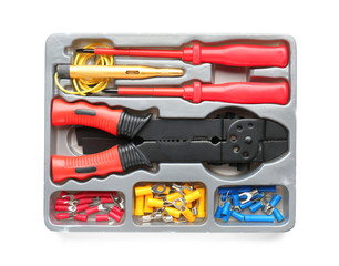 Different electrician's tools on white background