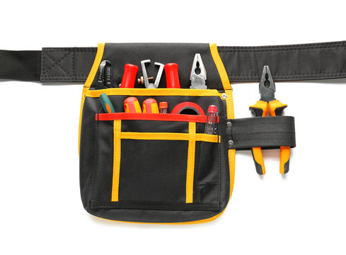 Bag with different electrician's tools on white background