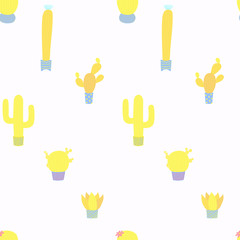 Hand drawn seamless vector pattern with cute different cacti in flower pots, on a white background. Flat style design. Concept for floral textile print, wallpaper, wrapping paper.