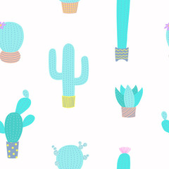 Hand drawn seamless vector pattern with cute different cacti in flower pots, on a white background. Flat style design. Concept for floral textile print, wallpaper, wrapping paper.