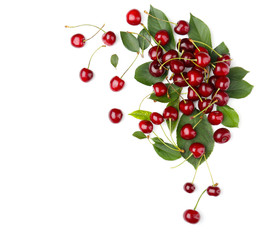 Ripe cherries with leaves on white background