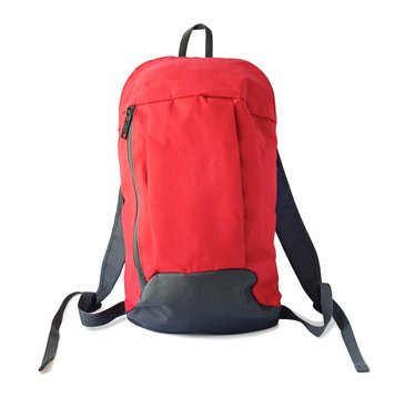 Front View Of Red Backpack With Straps For School, Travel Or Sport Isolated On White Background