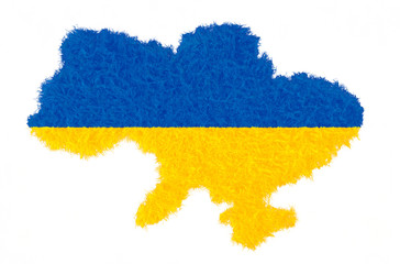 map of Ukraine in colors of the flag of Ukraine in texture of wheat on white background