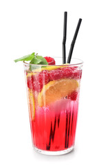 Glass of fresh raspberry mojito on white background