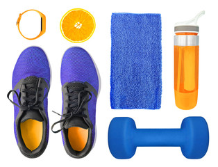 Top view of sport accessories and equipment for fitness and training. Running shoes, dumbbell,...