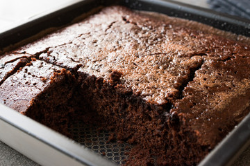 Square Juicy Chocolate Sponge Wet Cake with Sauce in Mold.