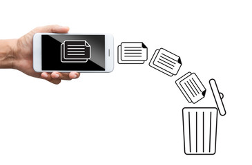 business hand throw data file from mobile to trash bin