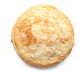 Tasty thin pancakes on white background