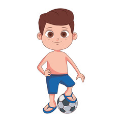 Cute boy in swim suit with soccer ball vector illustration graphic design