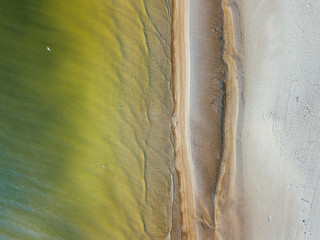 Looking down at the beach. Drone aerial view. Baltic sea coast