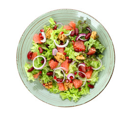 Plate with delicious fresh salad on white background